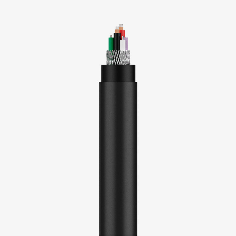 ACA06839 - ArcWire™ USB-C to USB-C Cable PB2202 in Black showing the inner part of a cable charger, showing colored wired inside
