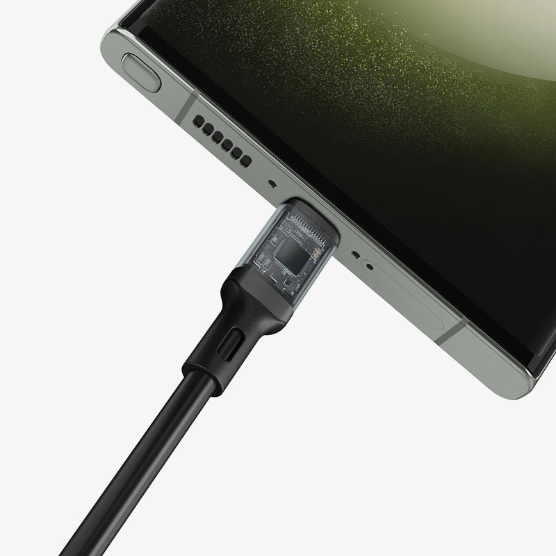 ACA06839 - ArcWire™ USB-C to USB-C Cable PB2202 in Black showing the bottom of a device and cable charger attached to the charging port