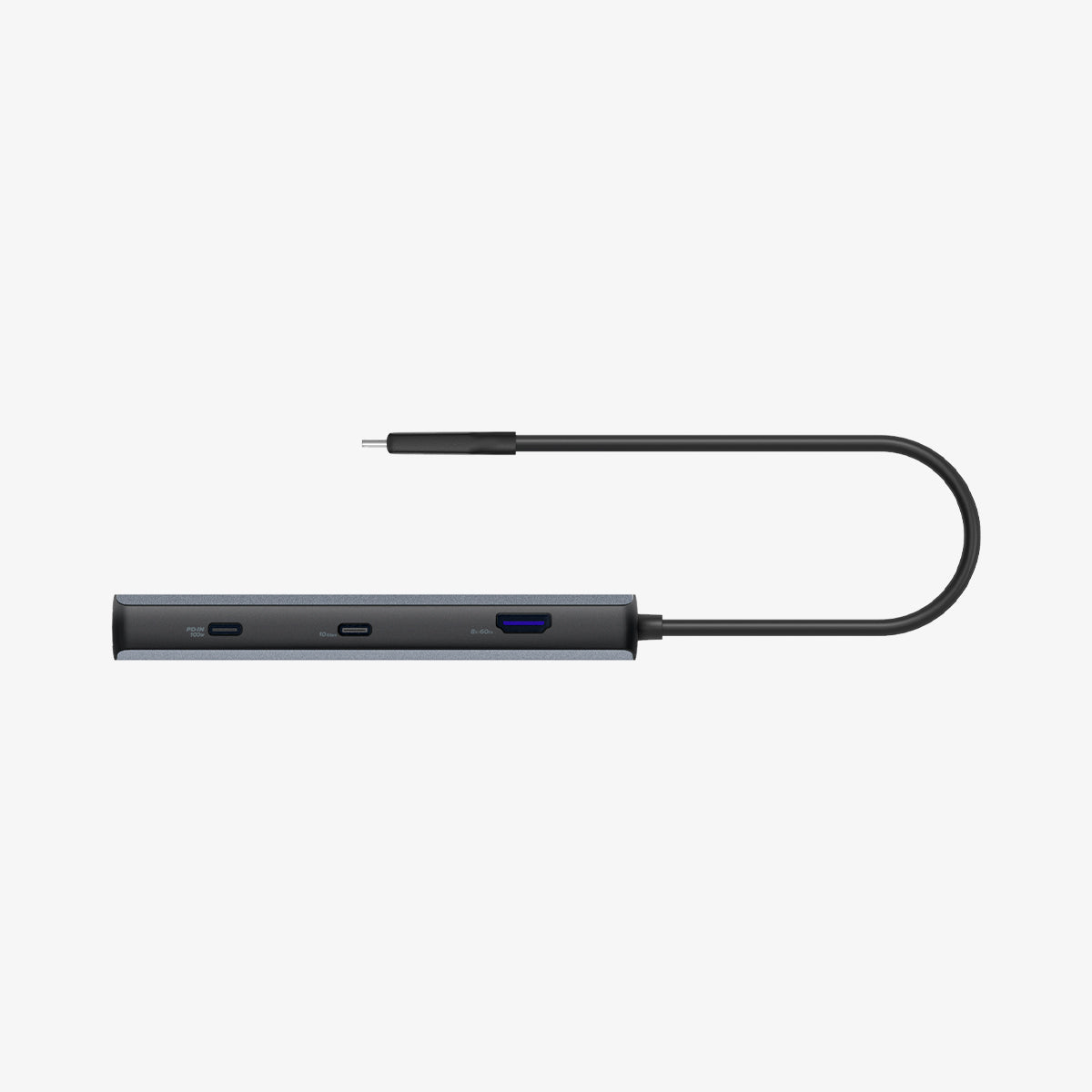 ACA06193 - ArcDock Pro Multi Hub 6-in-1 PD2302 in Space Gray showing the side with an HDMI and 2 USB-C type ports with an attached cable bending upward