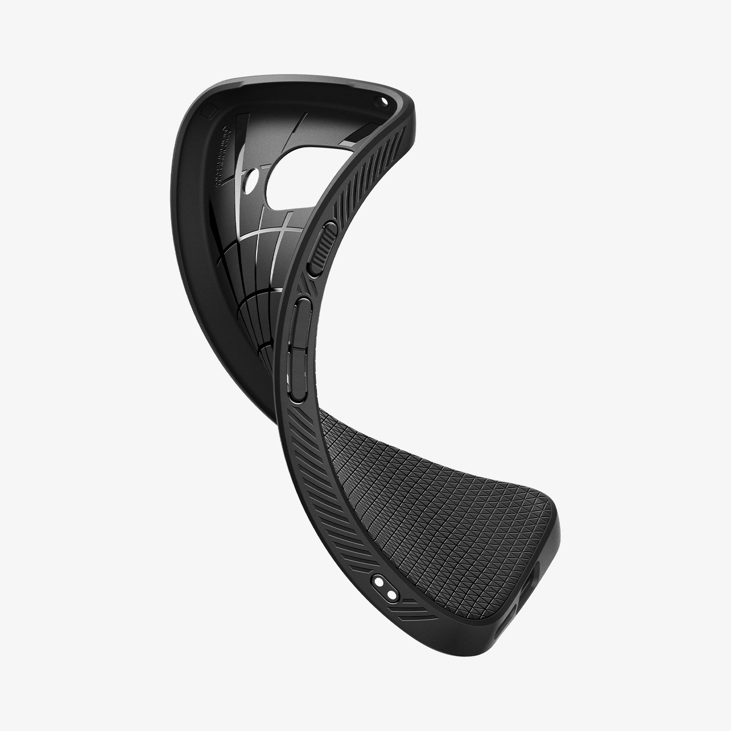 ACS09039 - Pixel 9a Case Liquid Air in Matte Black showing the partial back, inner and side slightly twisted