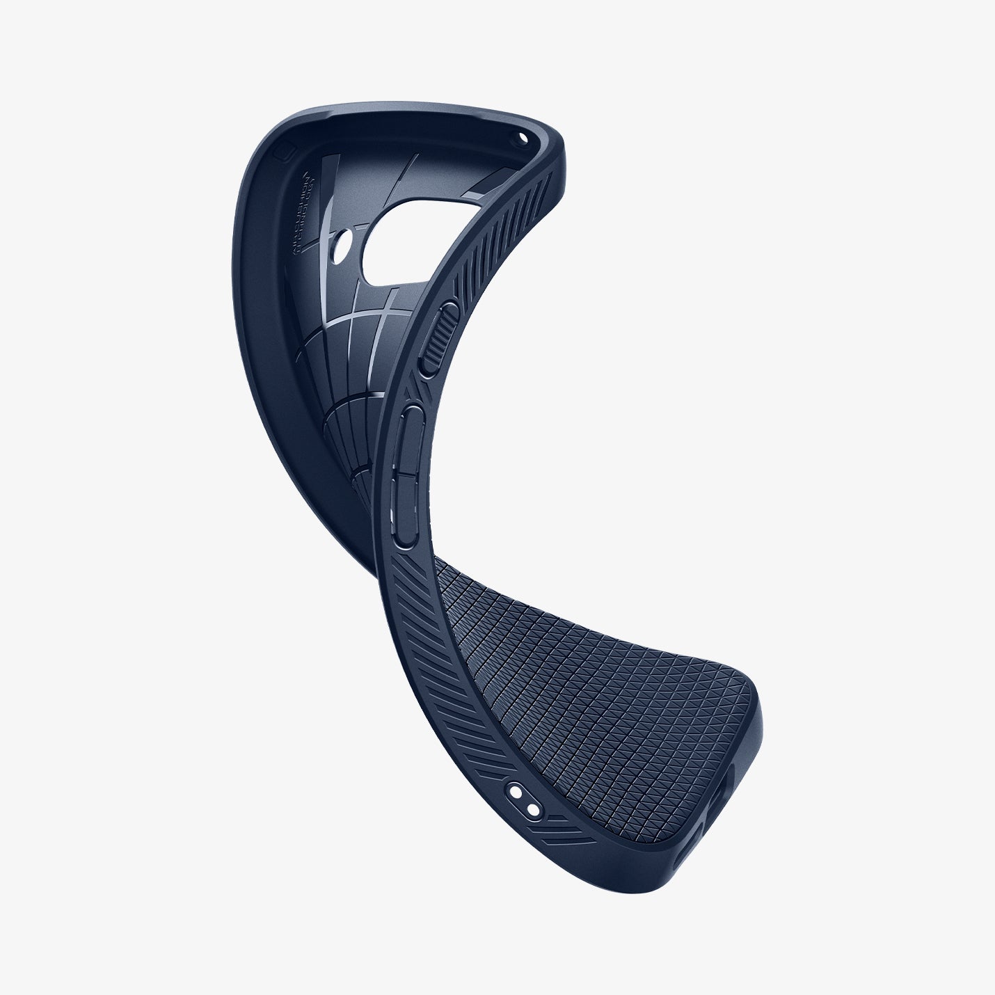 ACS09040 - Pixel 9a Case Liquid Air in Navy Blue showing the partial back, inner and side slightly twisted