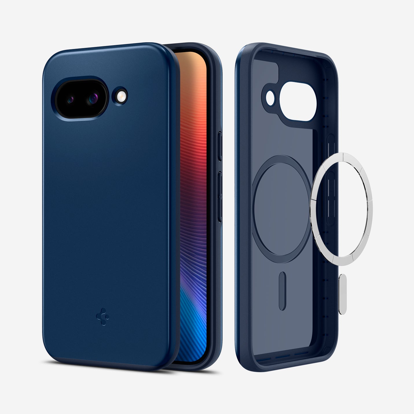 ACS09038 - Pixel 9a Case Thin Fit (MagFit) in Navy Blue showing the back, inner with magring hovering in front of the case, partial front and sides