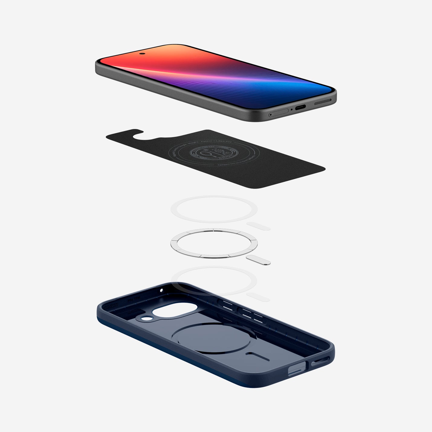 ACS09038 - Pixel 9a Case Thin Fit (MagFit) in Navy Blue showing the device hovering above the detached inner layer, magring parts and the case