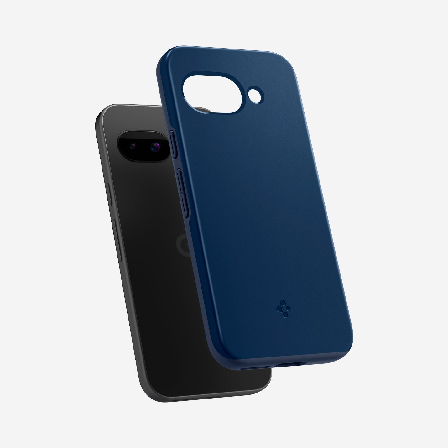 ACS09038 - Pixel 9a Case Thin Fit (MagFit) in Navy Blue showing the back, partial side and bottom hovering in front of the device
