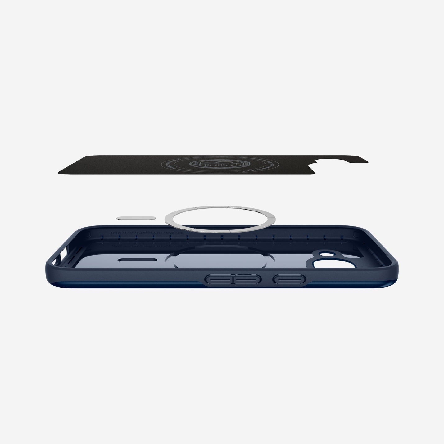 ACS09038 - Pixel 9a Case Thin Fit (MagFit) in Navy Blue showing the partial inner layer detached, while hovering above the detached magring and the case