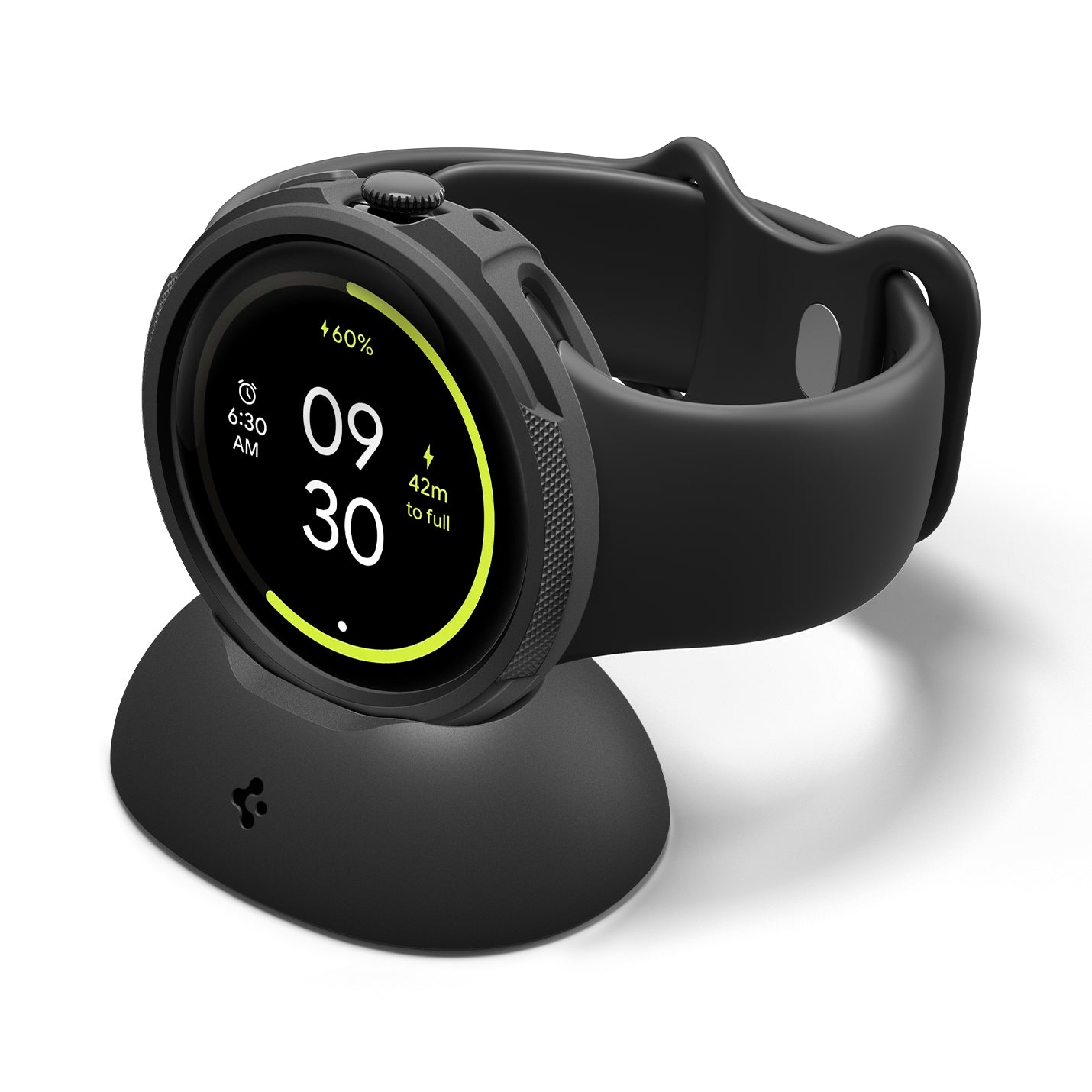 ACS09488 - GWdde Case Liquid Air in black showing the front and side with watch on charger