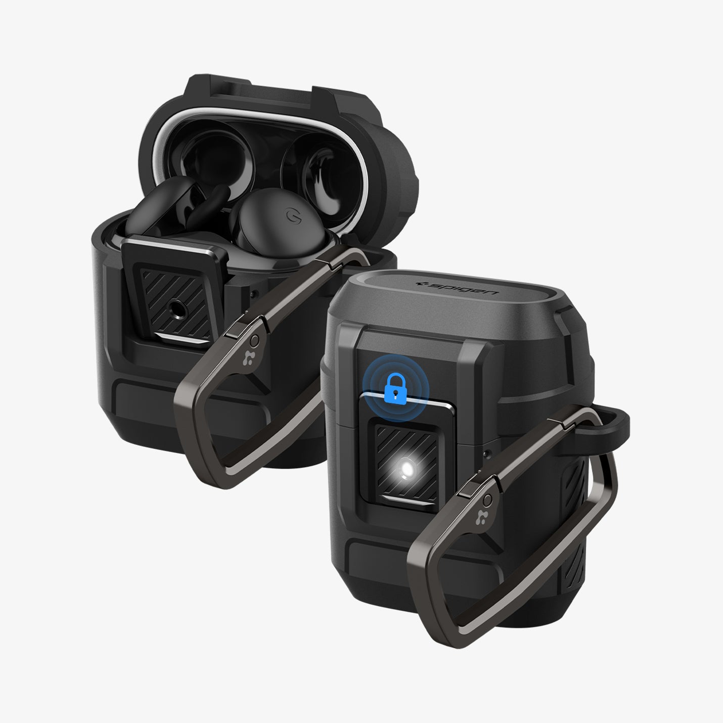 ACS09481 - GBAb Case Lock Fit in black showing the front and side for multiple earbuds with one top open