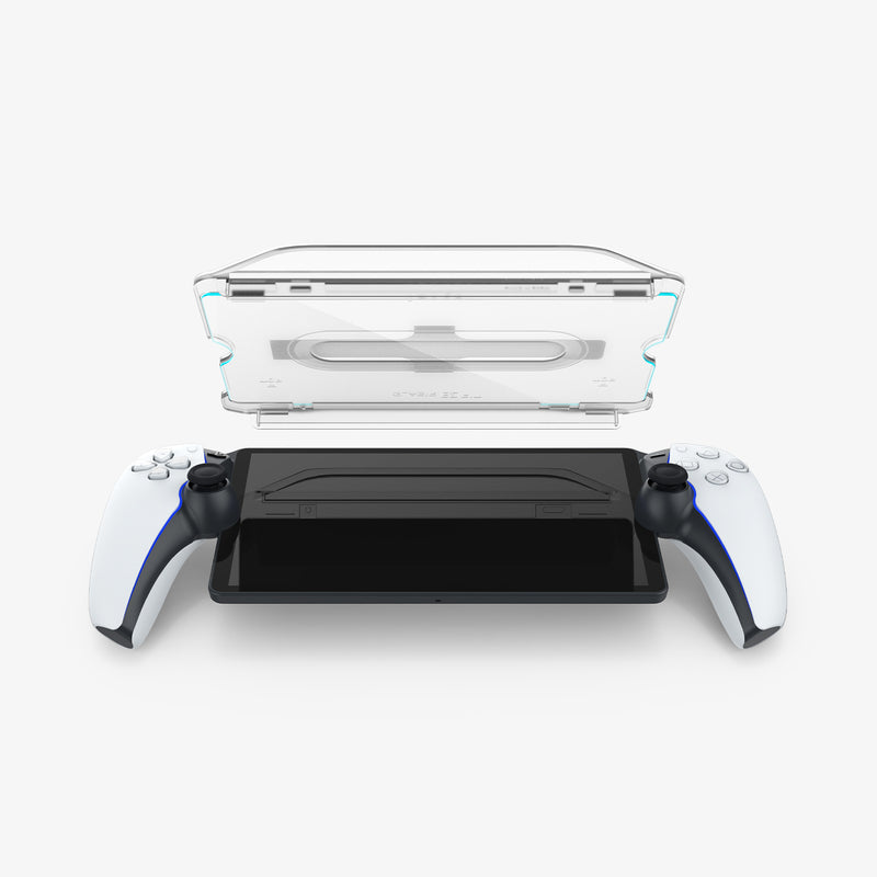 AGL07183 - Playstation Series GLAS.tR EZ Fit showing the installation tray angled back, partial side and facing the device angled front, partial side 
