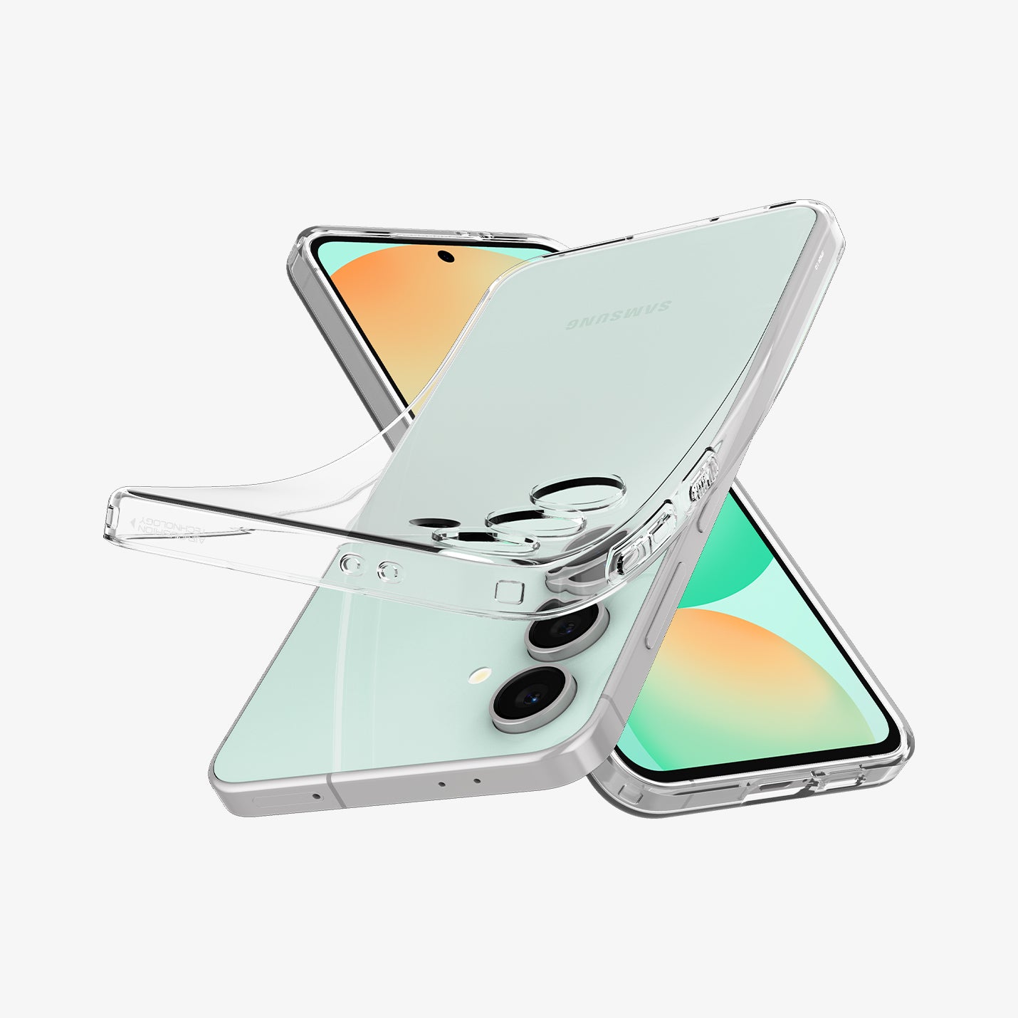 ACS08616 - Galaxy S24 FE Case Liquid Crystal in Crystal Clear showing the back, partial sides with case partially peeled off from device, behind, a device showing partial front
