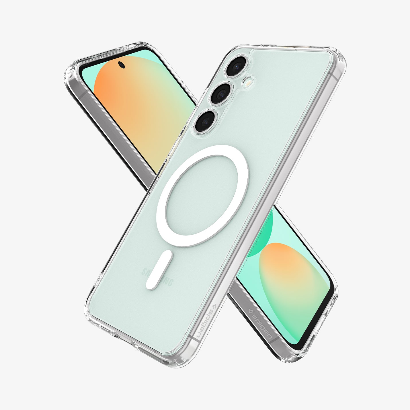 ACS08622 - Galaxy S24 FE Case Ultra Hybrid Metal Ring (MagFit) in White showing the back, partial side, behind is another device showing front and partial side