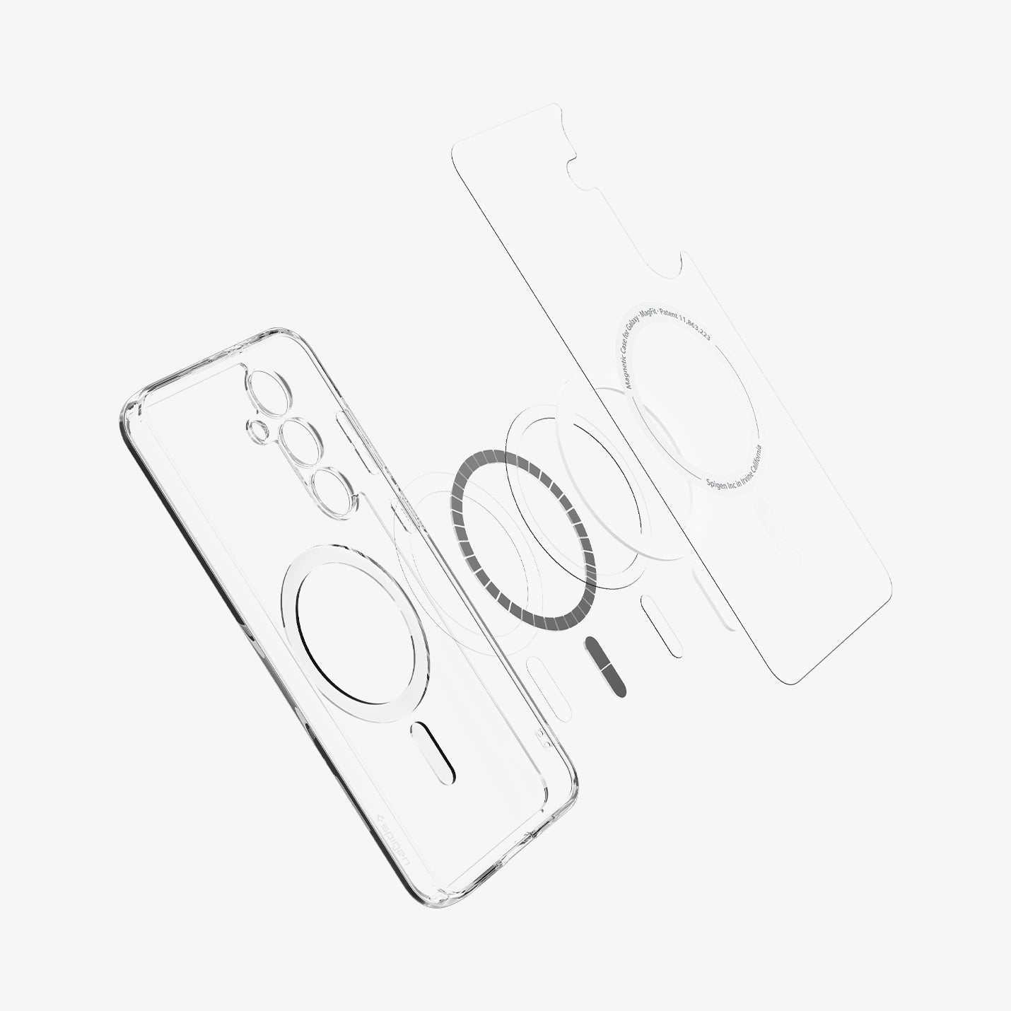 ACS08622 - Galaxy S24 FE Case Ultra Hybrid Metal Ring (MagFit) in White showing the white metal ring hovering above the black metal ring and a clear case