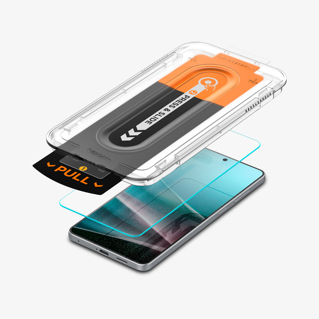 AGL09410 - Galaxy S25 Edge GLAS.tR EZ Fit Pro showing the installation tray, hovering in front of the film strip, screen protector, pull tab and the device