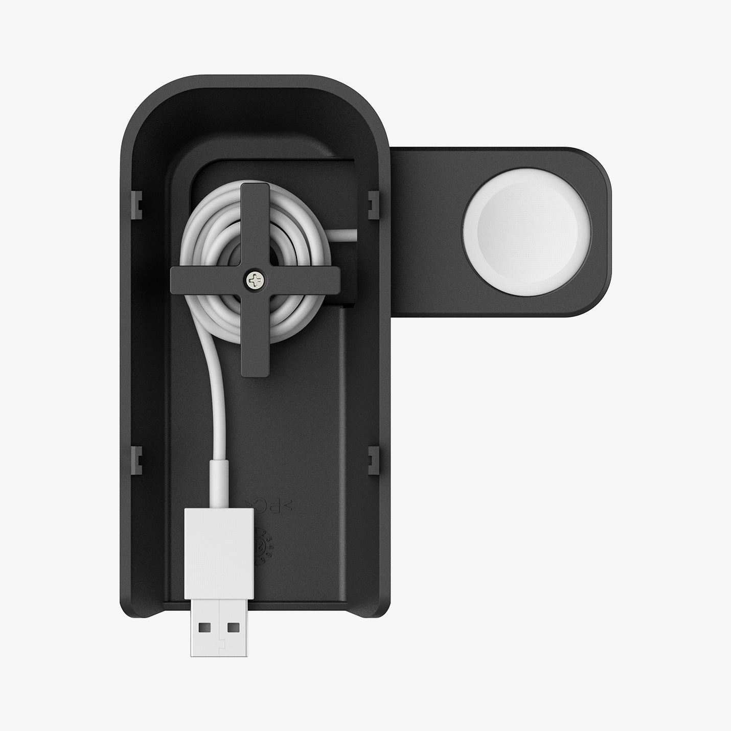 AMP06527 - Apple 3-in-1 Stand S318W in Gunmetal showing the inner of a stand holder with a charger cable rolled inside