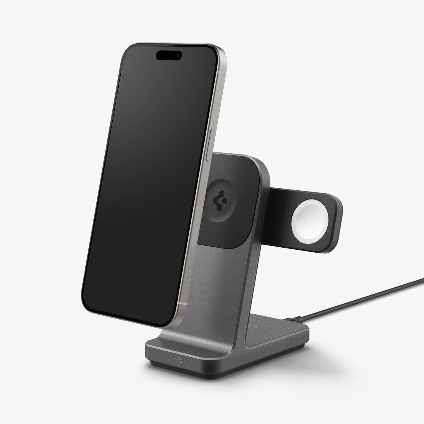 AMP06527 - Apple 3-in-1 Stand S318W in Gunmetal showing the front of a device attached to 3-in-1  stand and a charger cable attached