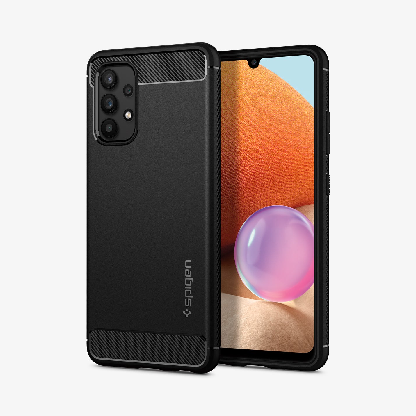 ACS02741 - Galaxy A32 Case Rugged Armor in Matte Black showing the back, next to it is another device showing front