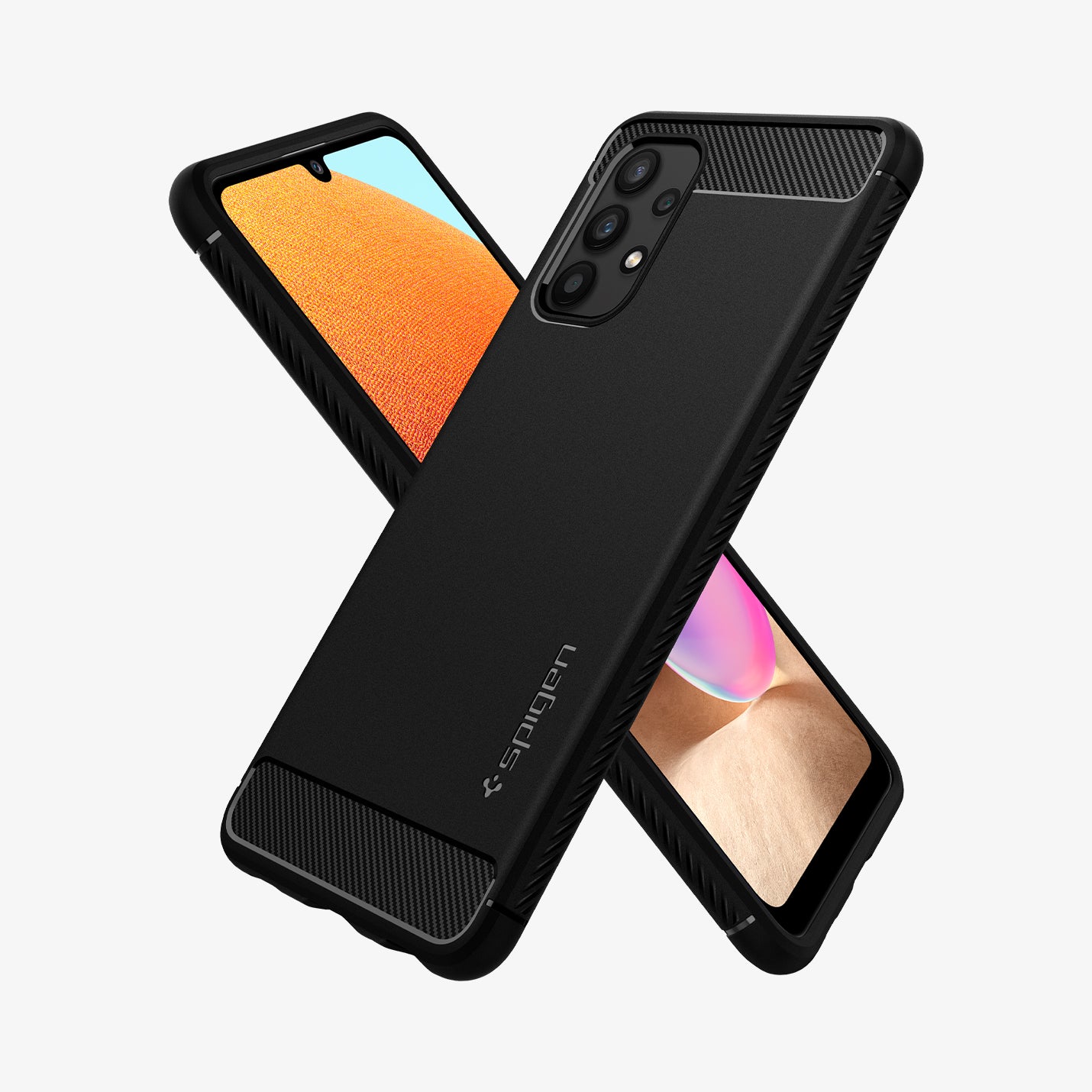 ACS02741 - Galaxy A32 Case Rugged Armor in Matte Black showing the back, partial side behind it is another device showing front and partial side