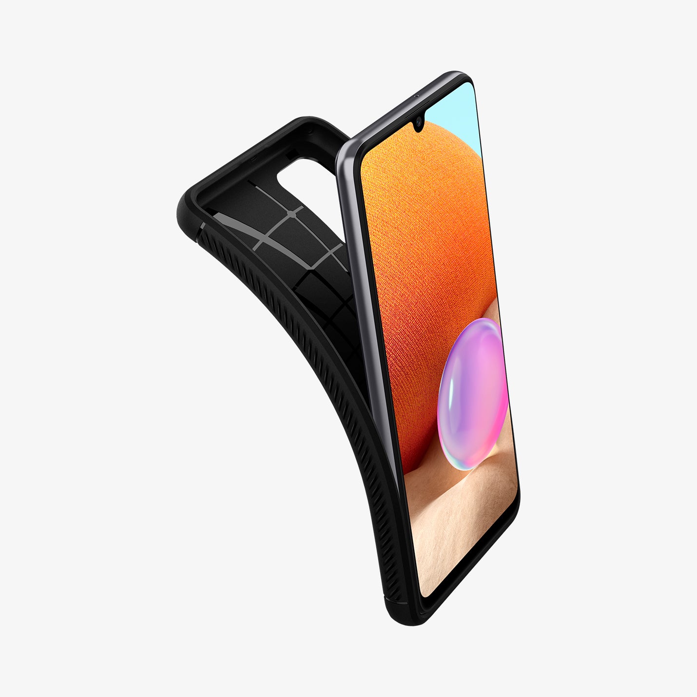 ACS02741 - Galaxy A32 Case Rugged Armor in Matte Black showing the front of the device and back case partially peeling off