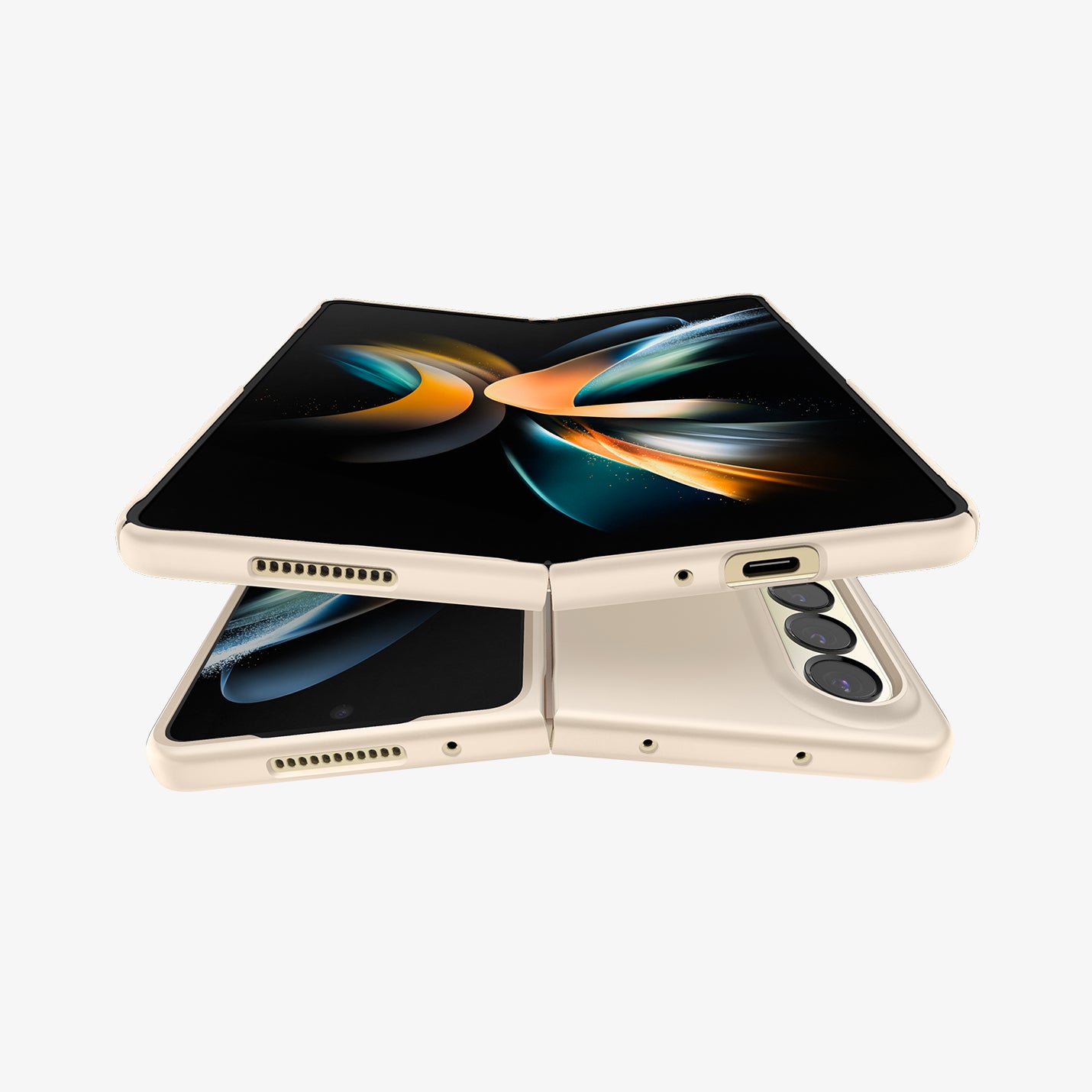 ACS05510 - Galaxy Z Fold 4 Case AirSkin in pearled ivory showing the back and front for two devices with one hovering over the other