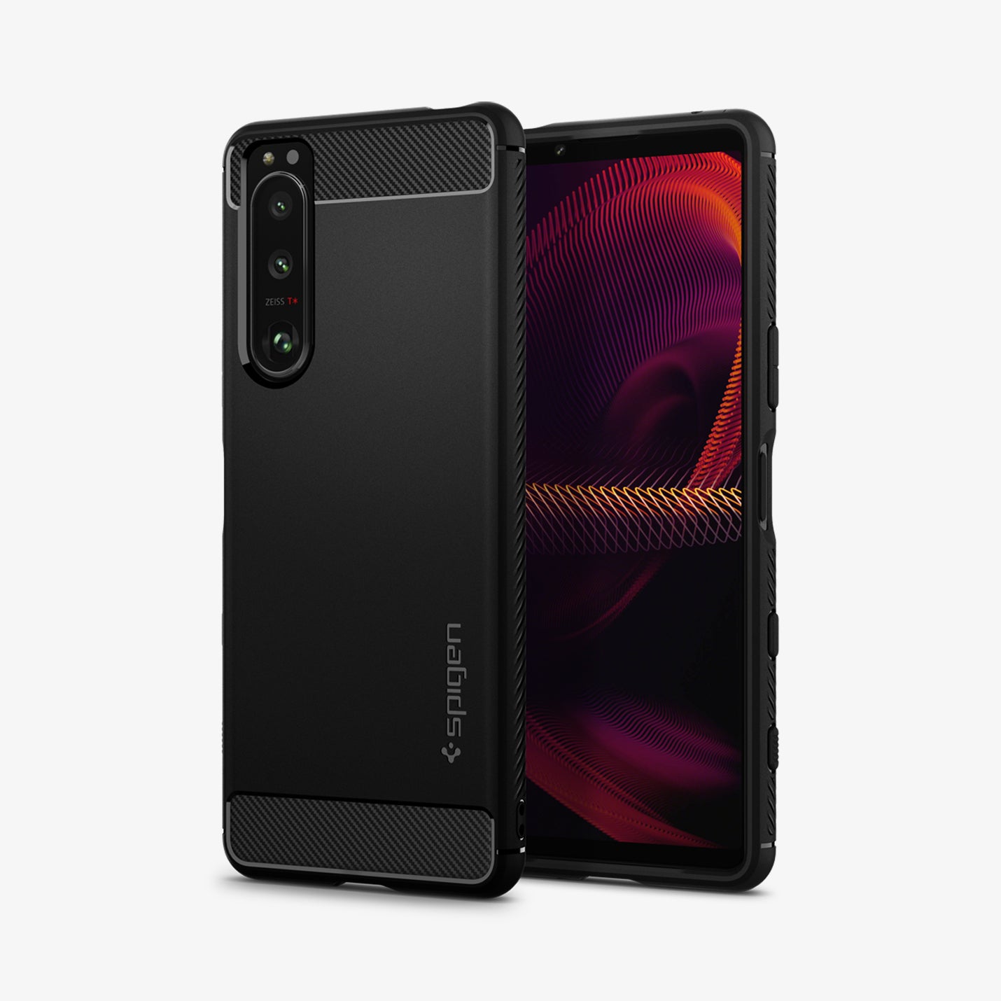 ACS03128 - Sony Xperia 5 III Case Rugged Armor in matte black showing the back and front
