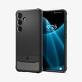 ACS07346 - Galaxy S24 Case Rugged Armor in Matte Black showing the back, partial sides with case behind, a device showing front and partial sides