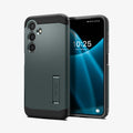 ACS07357 - Galaxy S24 Case Tough Armor in Abyss Green showing the back, partial side, next to it, a device showing front and partial side