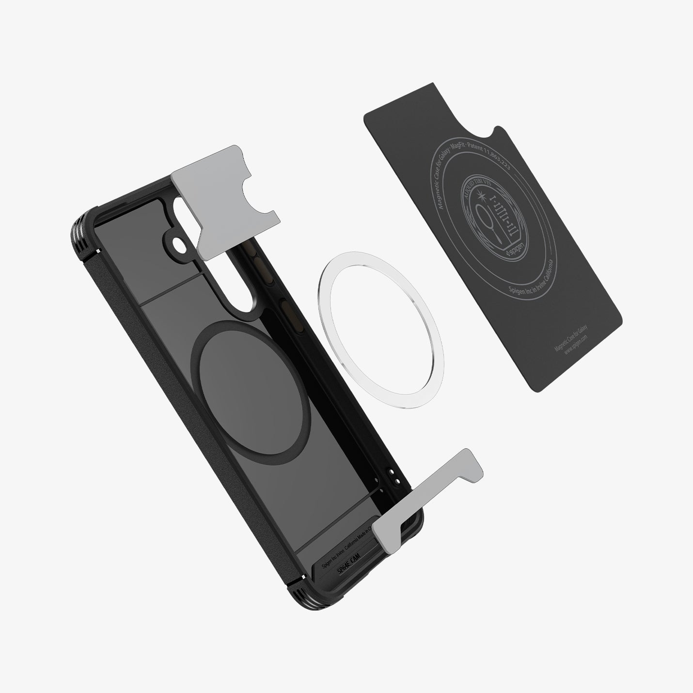 ACS08924 - Galaxy S25 Case Core Armor (MagFit) in Matte Black showing the inner cover hovering above the magnet ring plate, bumper and inner case