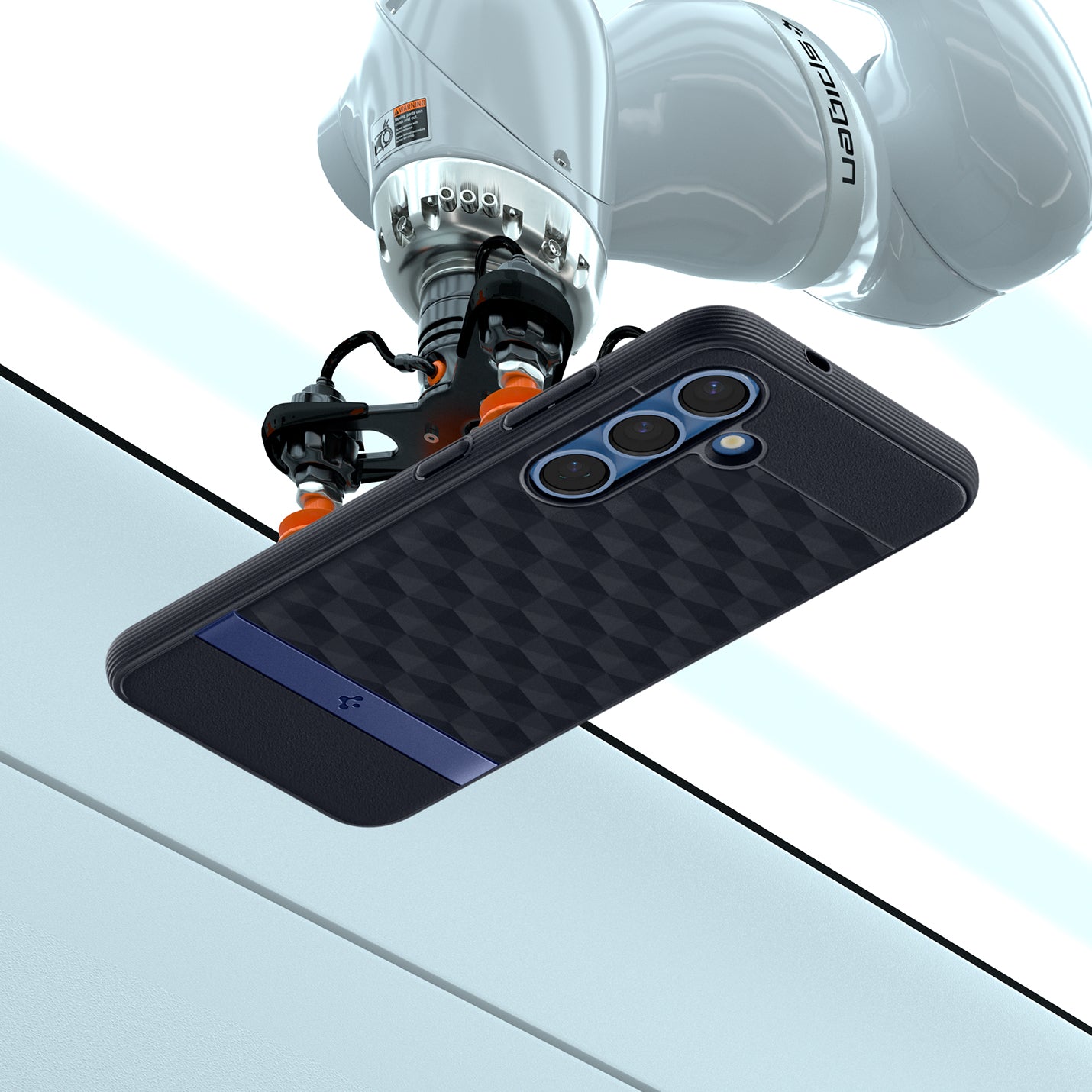 ACS09064 - Galaxy S25 Case Parallax (MagFit) in Navy Violet showing the back, partial top and side of the device with a robot on top of it