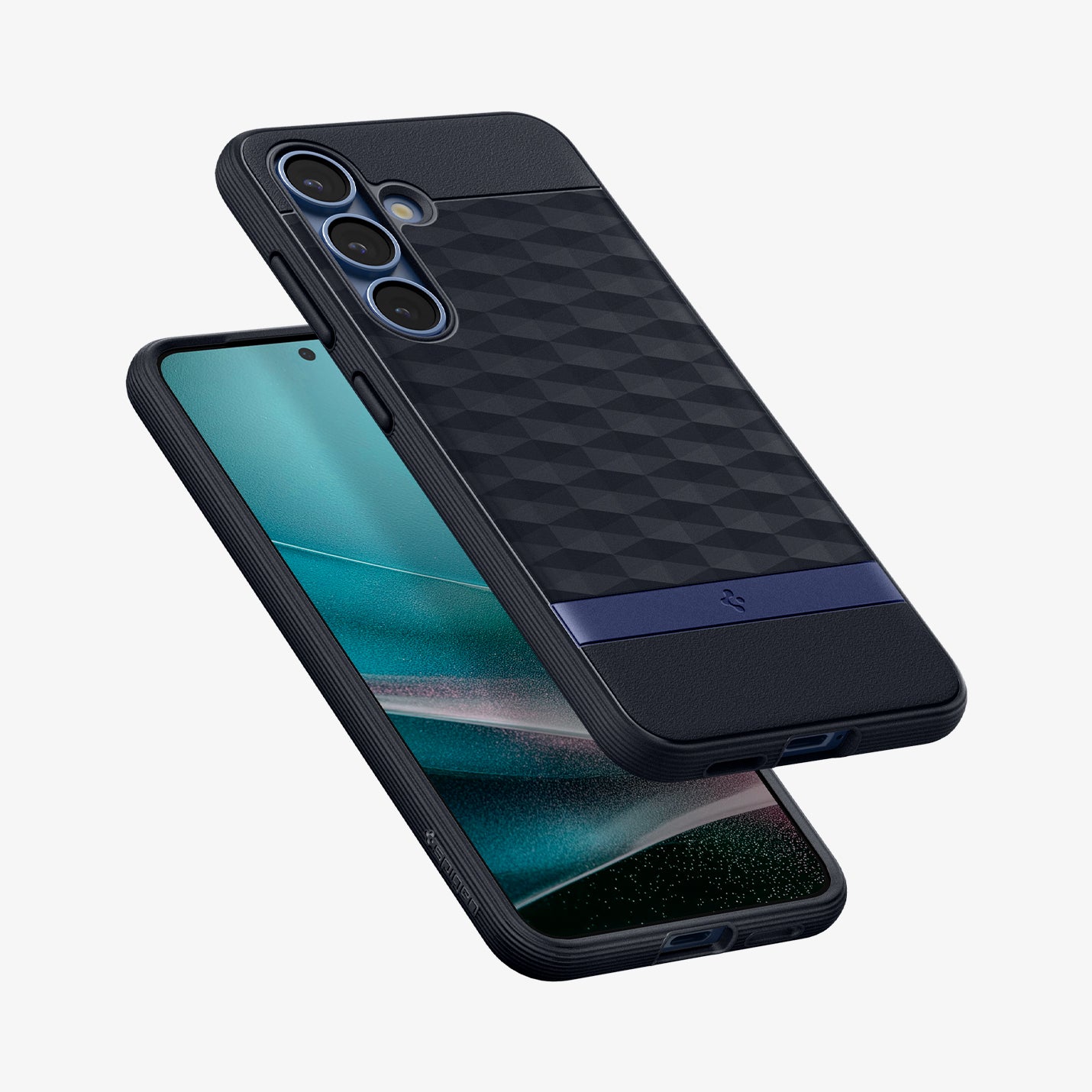 ACS09064 - Galaxy S25 Case Parallax (MagFit) in Navy Violet showing the back, partial side and bottom hovering above the device showing partial front, side and bottom
