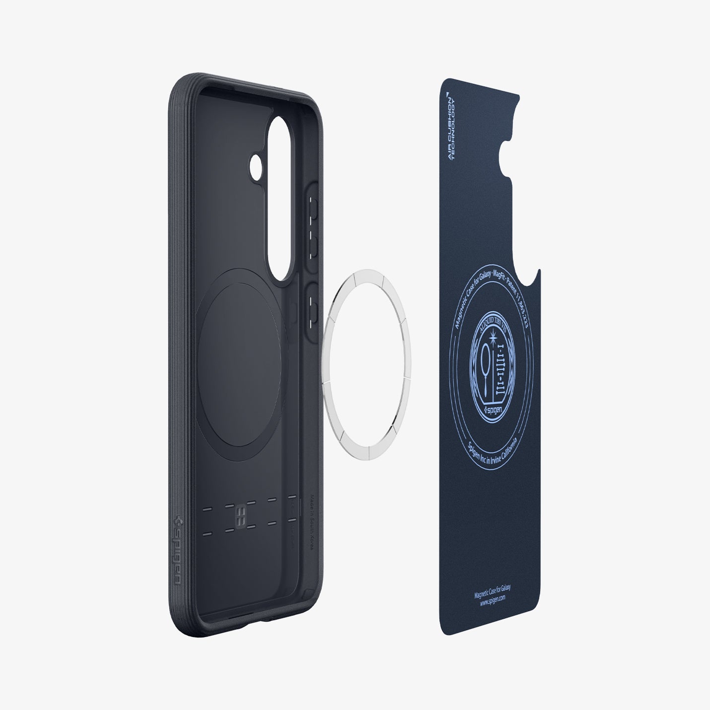 ACS09064 - Galaxy S25 Case Parallax (MagFit) in Navy Violet showing the inner layer hovering in front of a detached ring magnet and the case