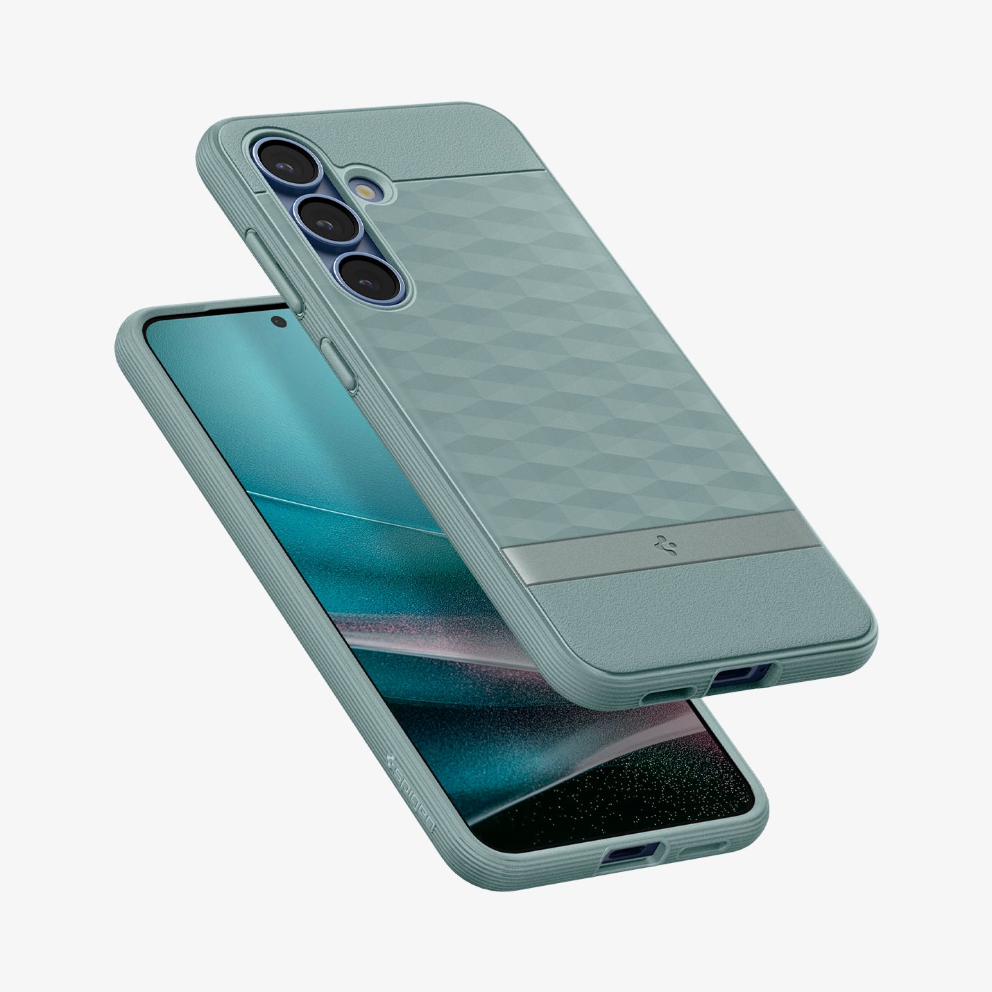 ACS09063 - Galaxy S25 Case Parallax (MagFit) in Sage Green showing the back, partial side and bottom hovering above the device showing partial front, side and bottom