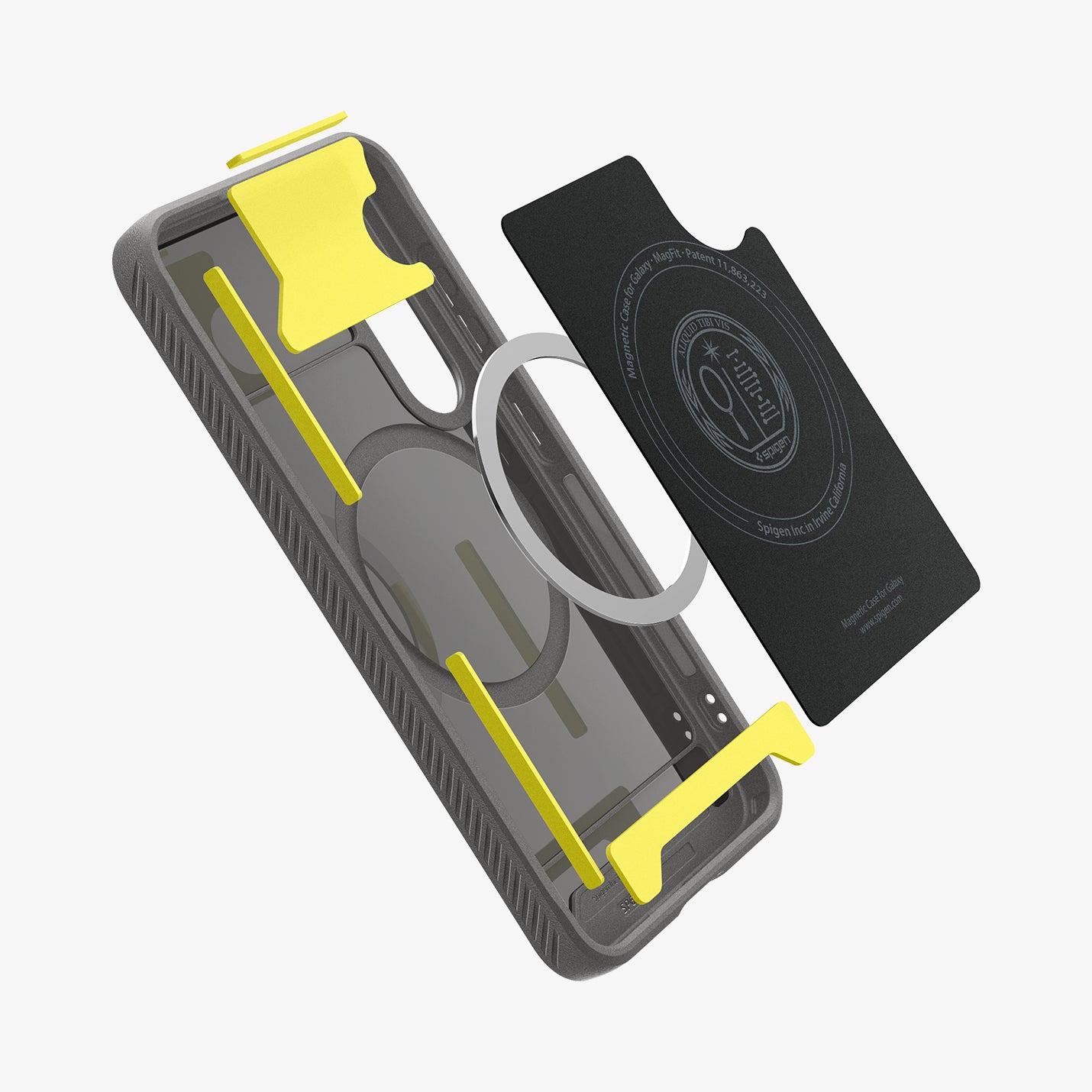 ACS08999 - Galaxy S25 Case Rugged Armor (MagFit) in Marble Gray showing the inner layer detached hovering above the detached magring and the case