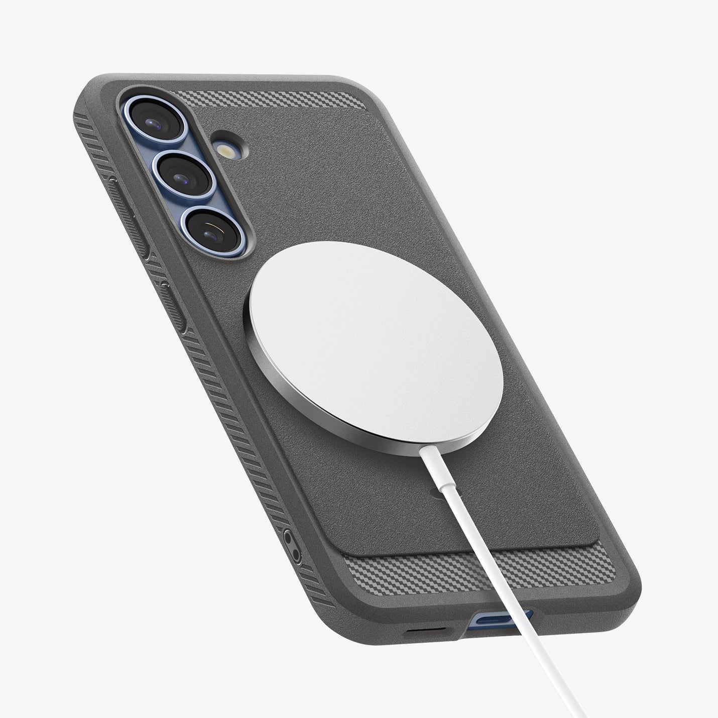 ACS08999 - Galaxy S25 Case Rugged Armor (MagFit) in Marble Gray showing the back, partial side and bottom with magsafe charger attached