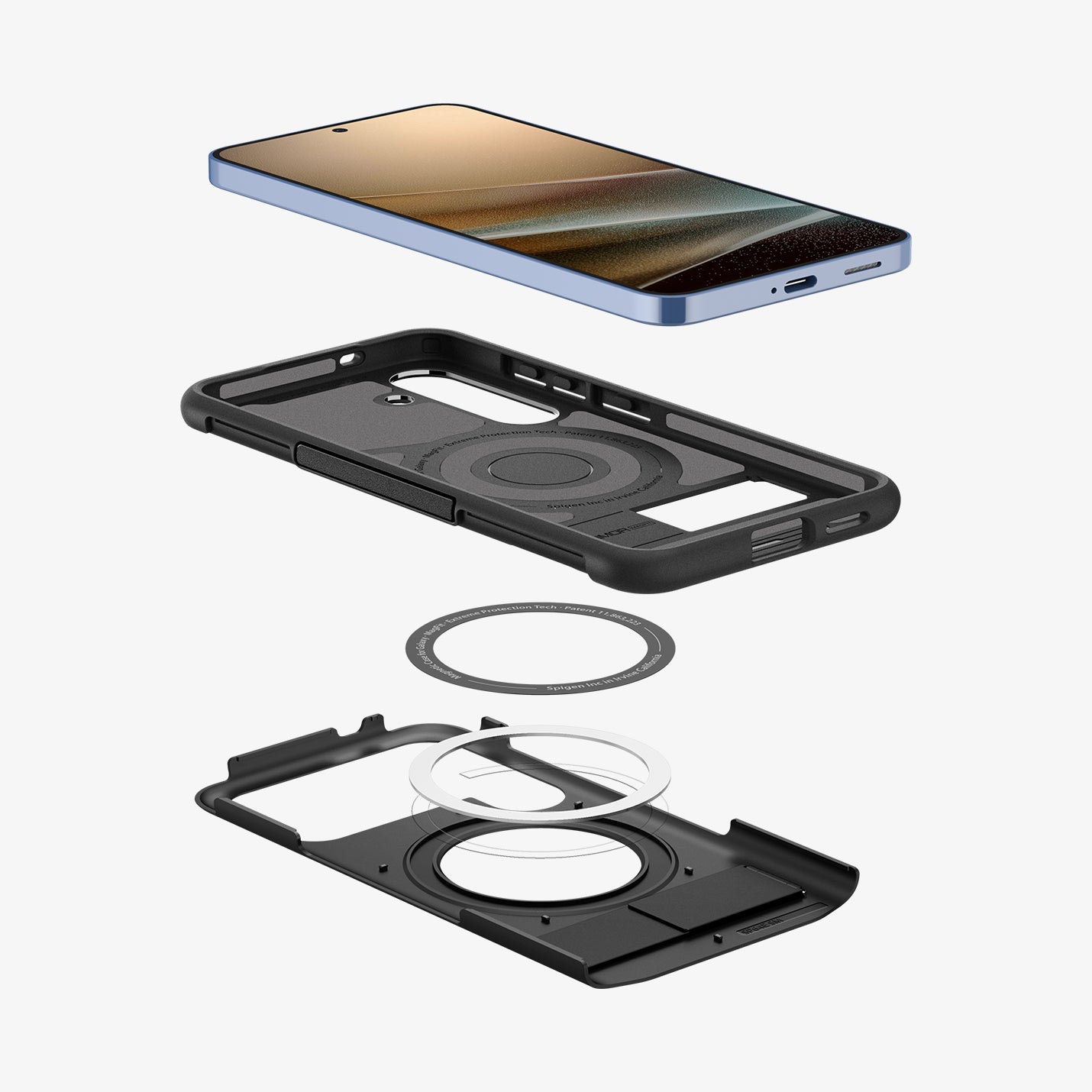ACS08915 - Galaxy S25 Plus Case Slim Armor (MagFit) in Black showing the device hovering above the detached back of the case, magring and the back cover of the case