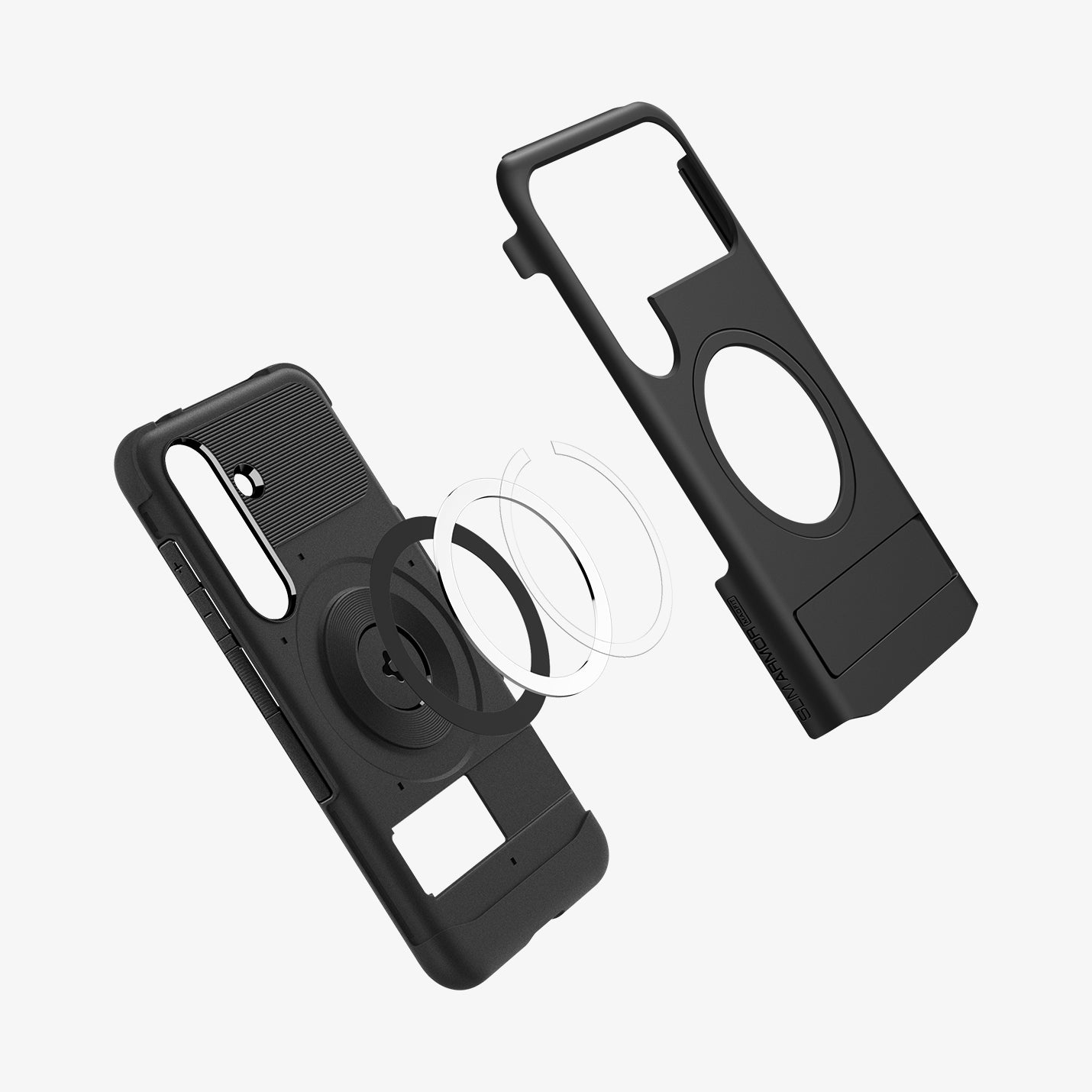 ACS08915 - Galaxy S25 Plus Case Slim Armor (MagFit) in Black showing the back, hovering in front of the magring and soft layer of the case