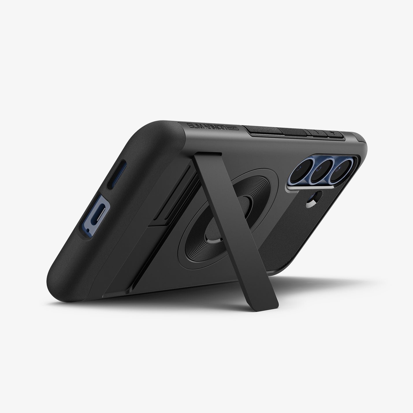 ACS08915 - Galaxy S25 Plus Case Slim Armor (MagFit) in Black showing the back partial side and bottom with build-in kickstand propped up