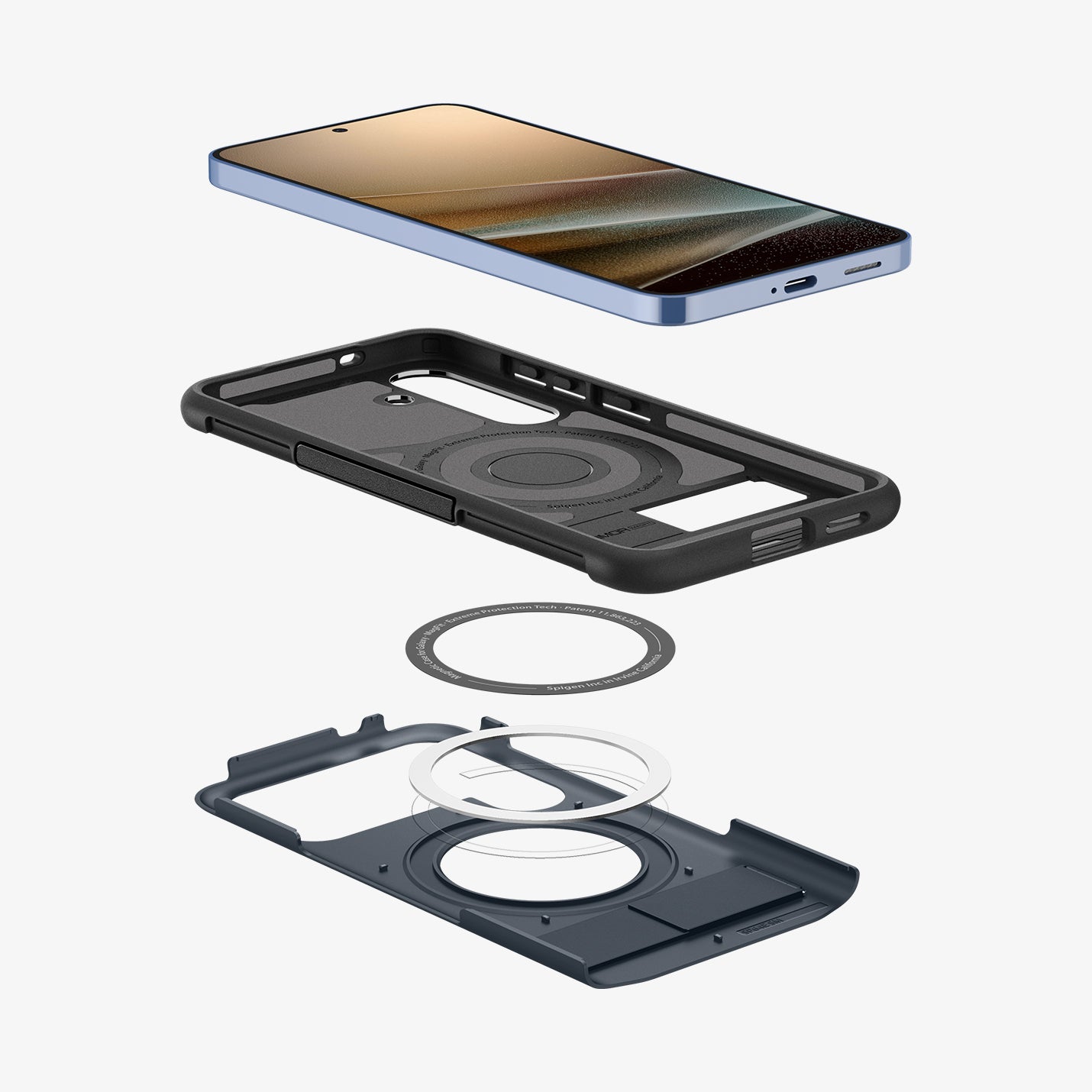 ACS08914 - Galaxy S25 Plus Case Slim Armor (MagFit) in Metal Slate showing the device hovering above the detached back of the case, magring and the back cover of the case