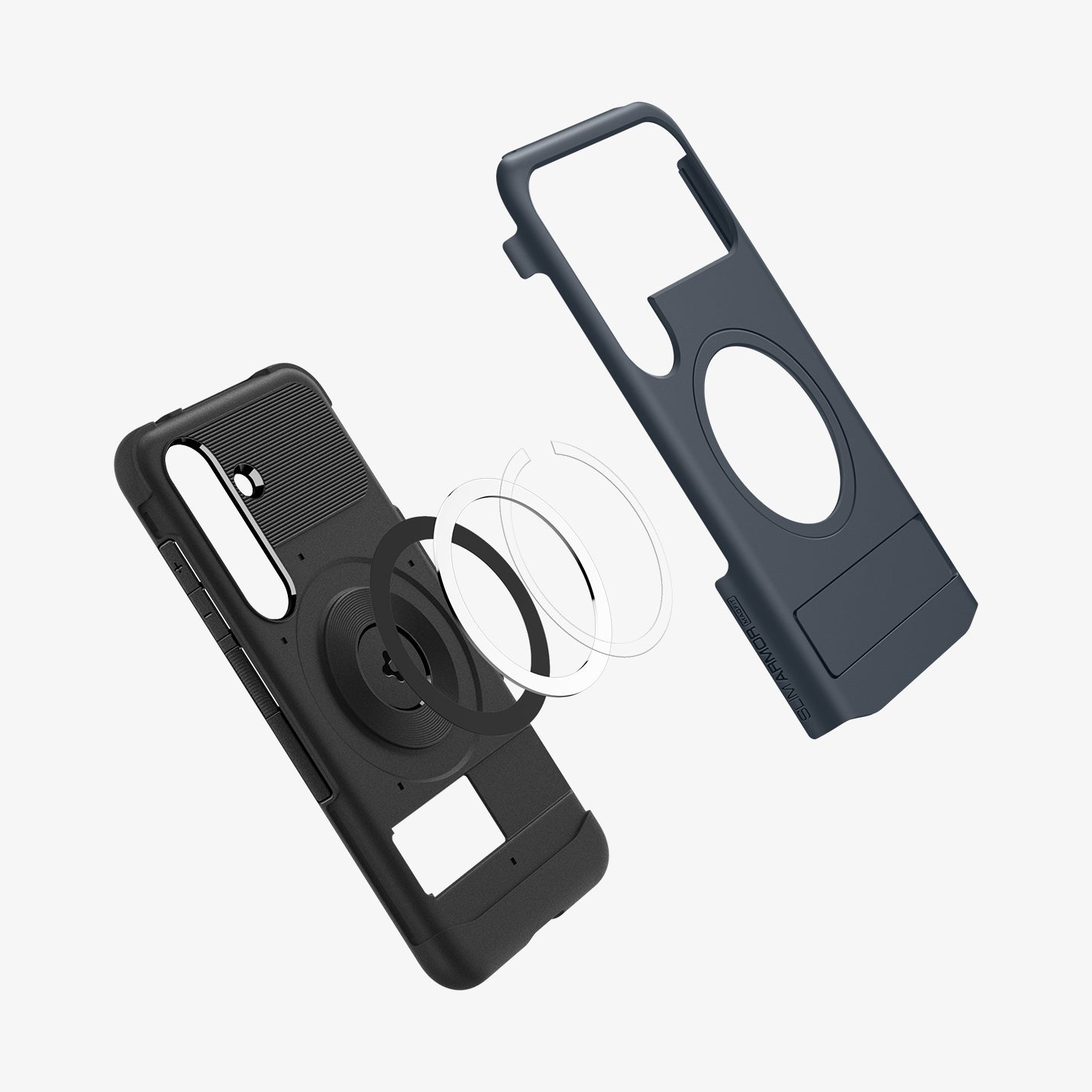 ACS08914 - Galaxy S25 Plus Case Slim Armor (MagFit) in Metal Slate showing the back, hovering in front of the magring and soft layer of the case