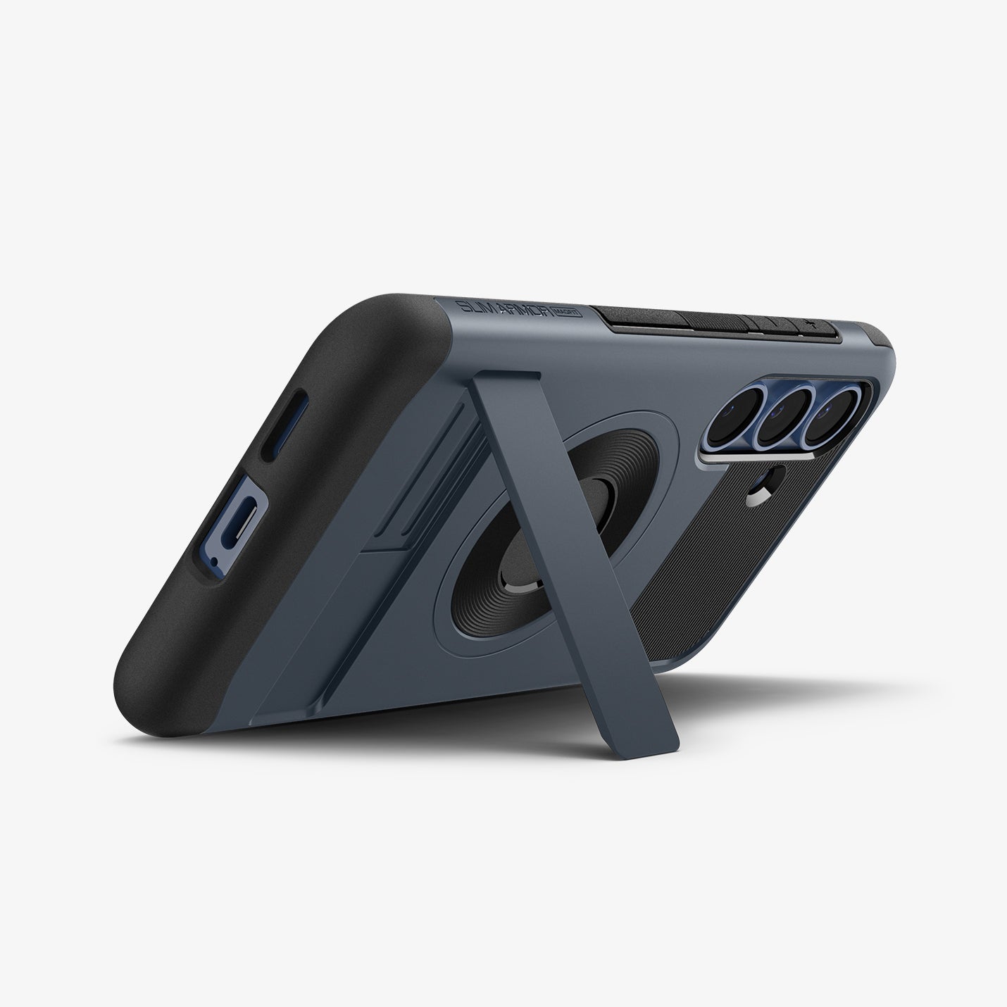 ACS08914 - Galaxy S25 Plus Case Slim Armor (MagFit) in Metal Slate showing the back partial side and bottom with build-in kickstand propped up