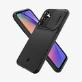 ACS05891 - Galaxy A54 5G Case Optik Armor in Black showing the back and partial side behind it, a device showing partial front and partial side camera slider opened