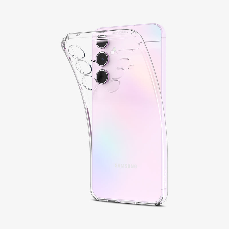 ACS07537 - Galaxy A55 5G Case Liquid Crystal in Crystal Clear showing the back of clear case partially peeled from the back of the device
