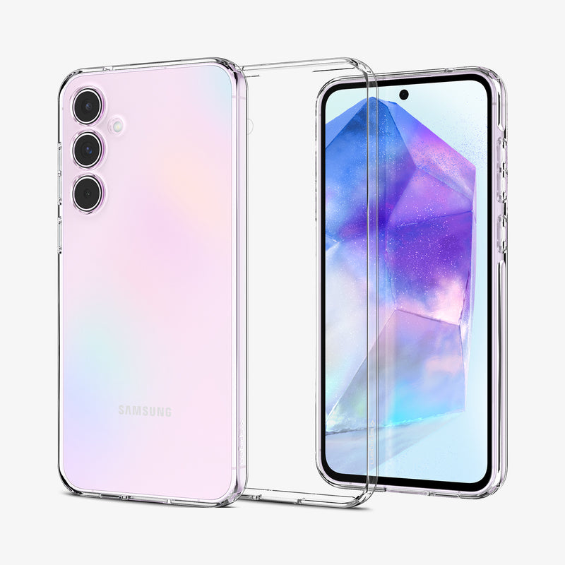 ACS07537 - Galaxy A55 5G Case Liquid Crystal in Crystal Clear showing the back, in the middle a clear tpu case and next to it, is a device showing front with partial sides