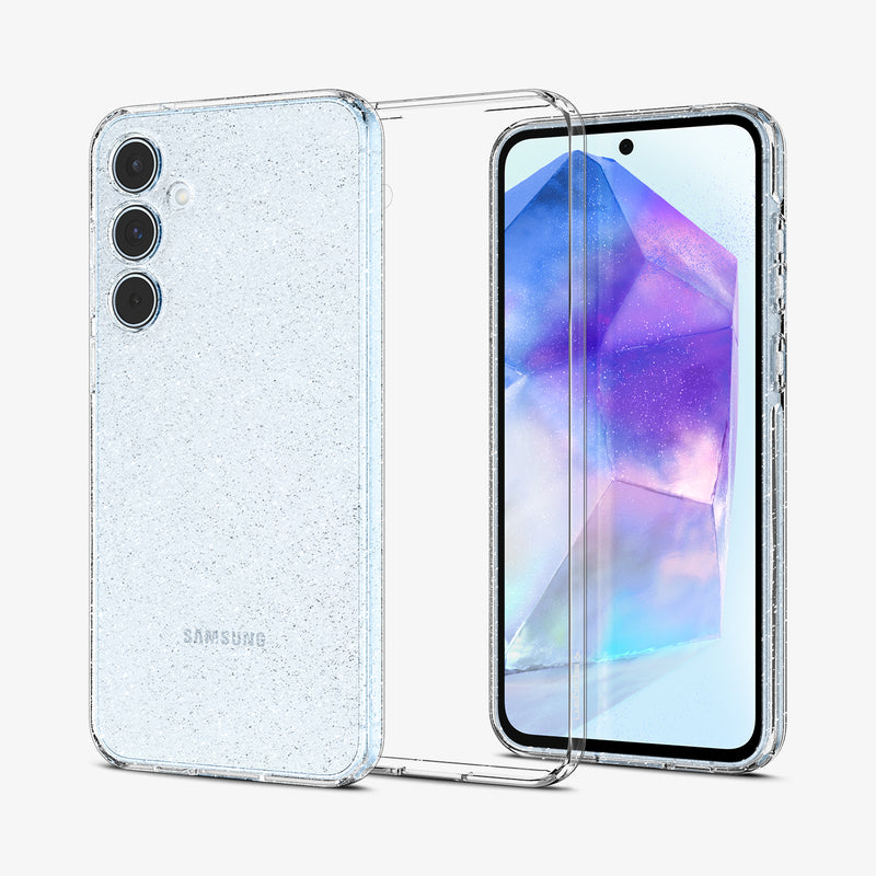 ACS07538 - Galaxy A55 5G Case Liquid Crystal Glitter in Crystal Quartz showing the back, in the middle a clear tpu case and next to it, a device showing front and partial sides
