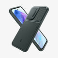 ACS07536 - Galaxy A55 5G Case Optik Armor in Abyss Green showing the back, partial side and behind it, a device showing partial front and side