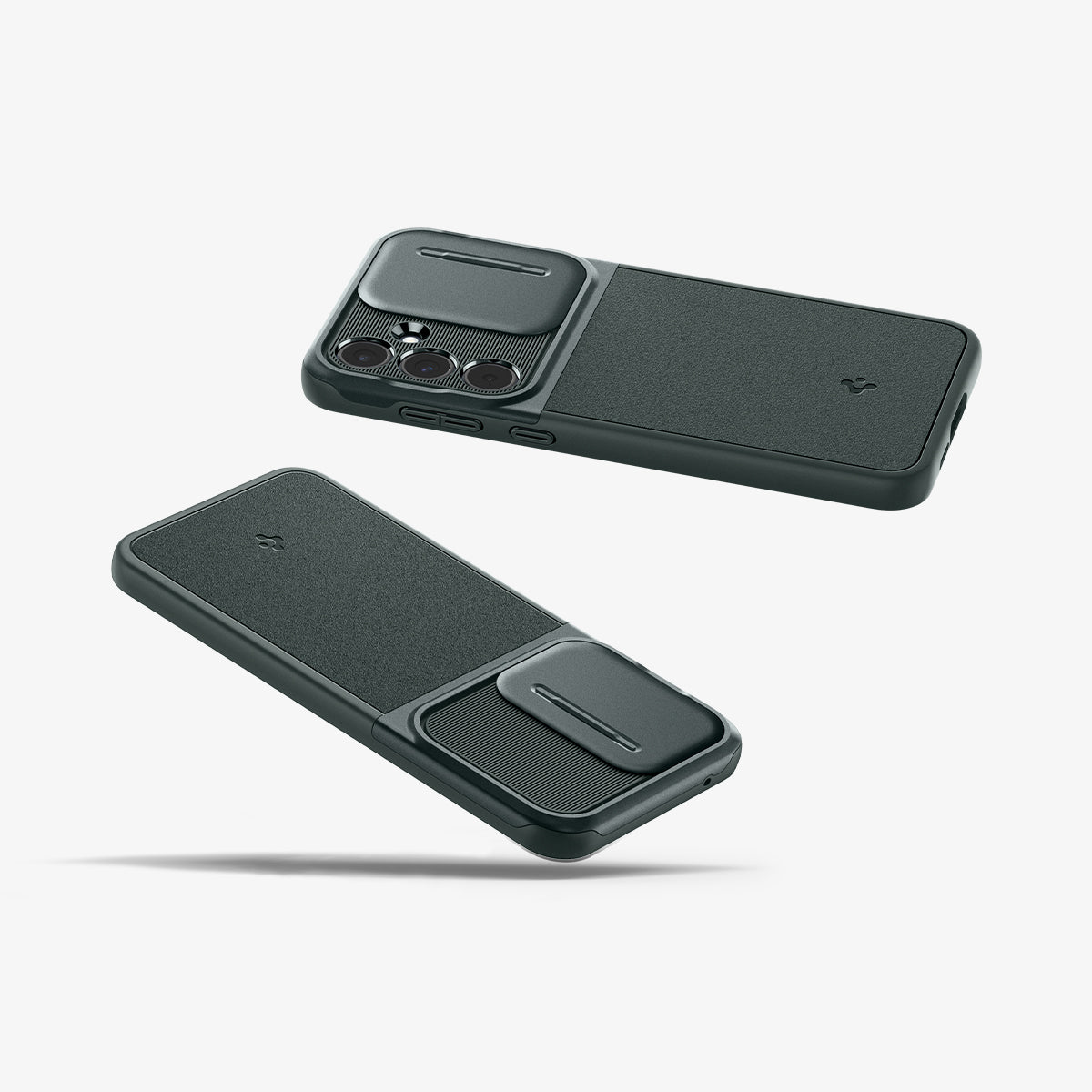 ACS07536 - Galaxy A55 5G Case Optik Armor in Abyss Green showing the back, partial sides, top and bottom of 2 cases one with open camera slider and the other one with closed camera slider