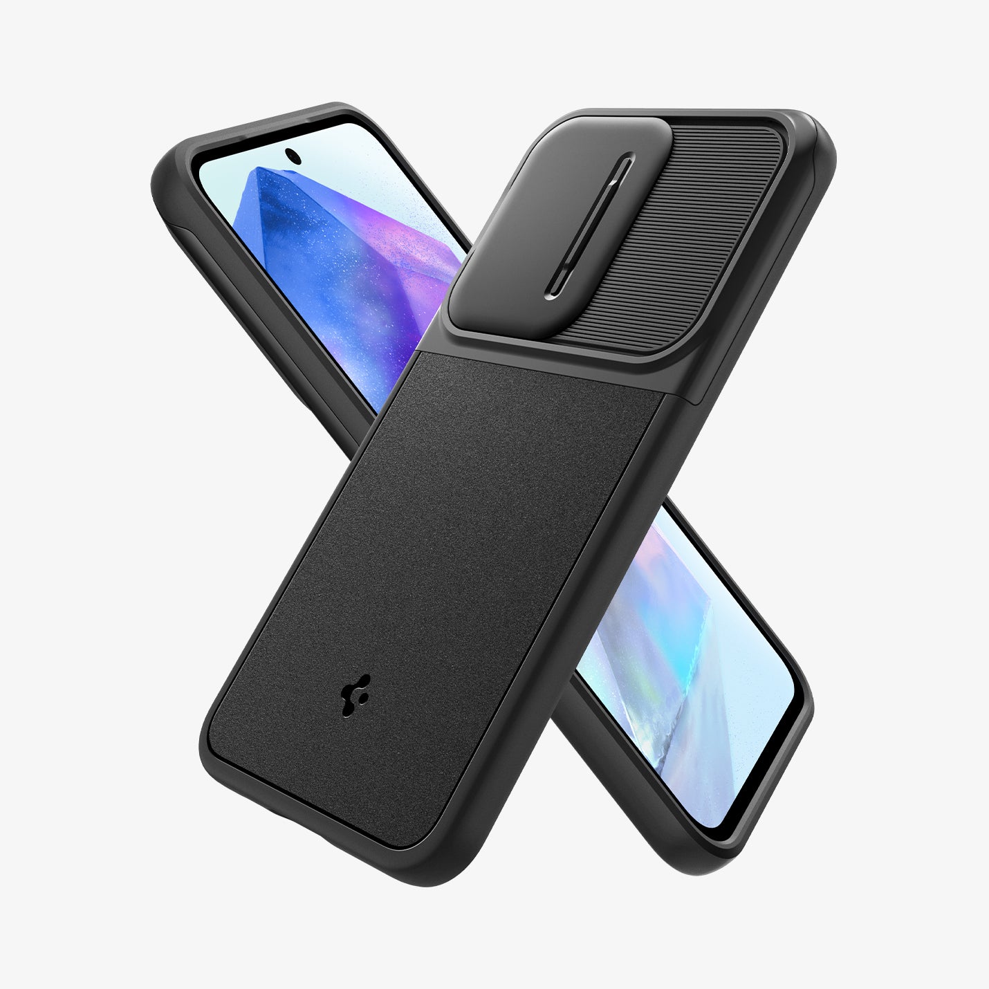 ACS07535 - Galaxy A55 5G Case Optik Armor in Black showing the back, partial side and behind it, a device showing partial front and side
