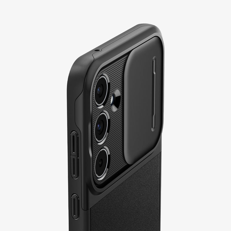 ACS07535 - Galaxy A55 5G Case Optik Armor in Black showing the back and partial side camera slider open and zoomed in