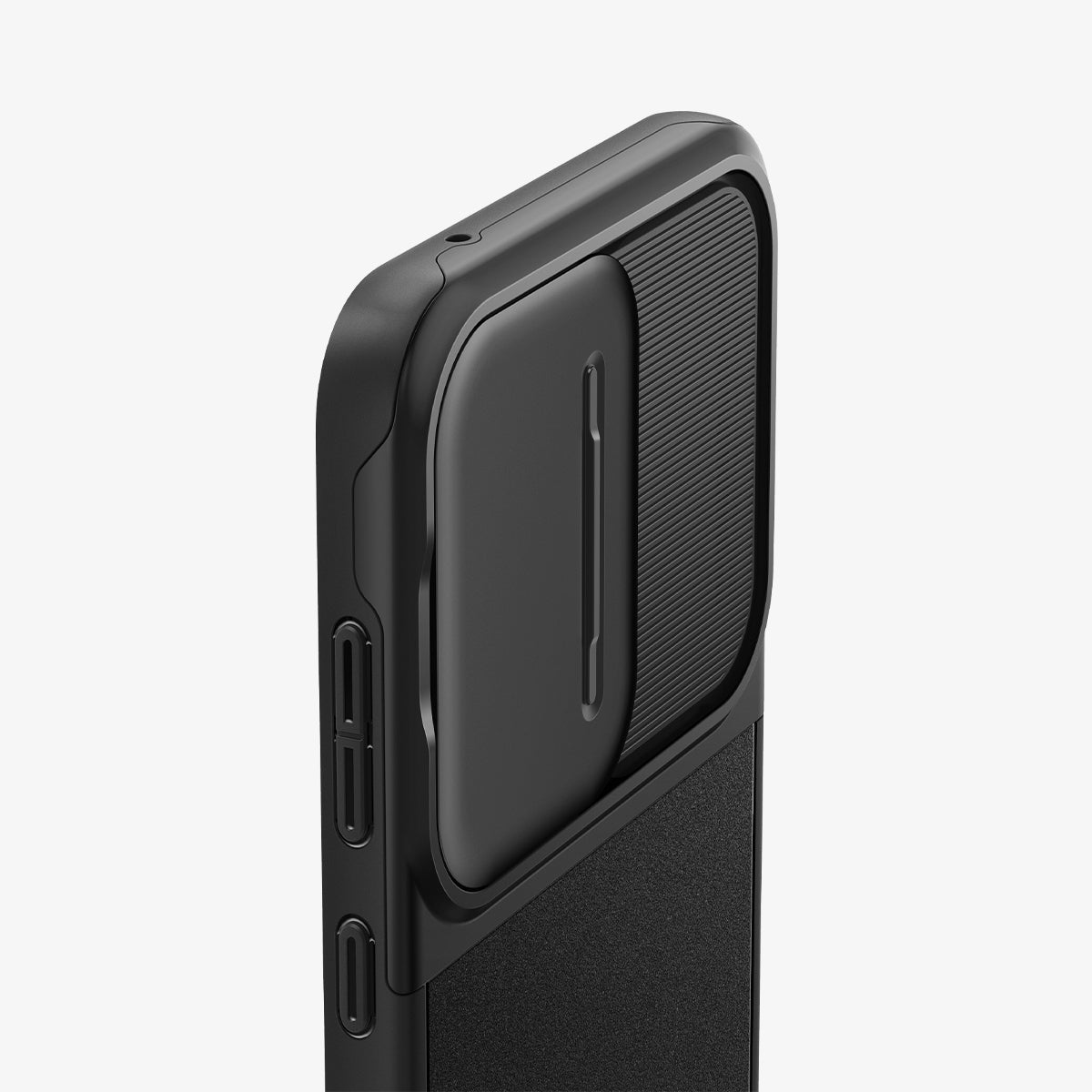 ACS07535 - Galaxy A55 5G Case Optik Armor in Black showing the back and partial side camera slider closed and zoomed in