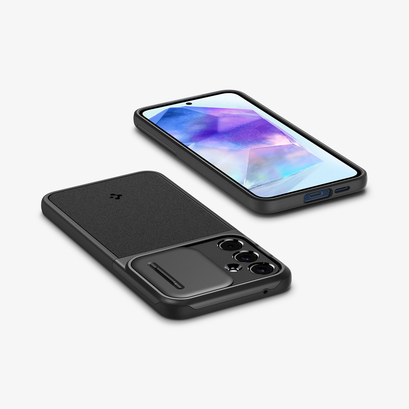 ACS07535 - Galaxy A55 5G Case Optik Armor in Black showing the back, partial side and top and front, partial side and bottom of both devices on a flat surface