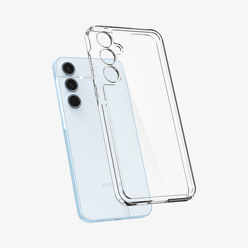 ACS07528 - Galaxy A55 5G Case Ultra Hybrid in Crystal Clear showing the back of clear tpu case hovering in front of a device
