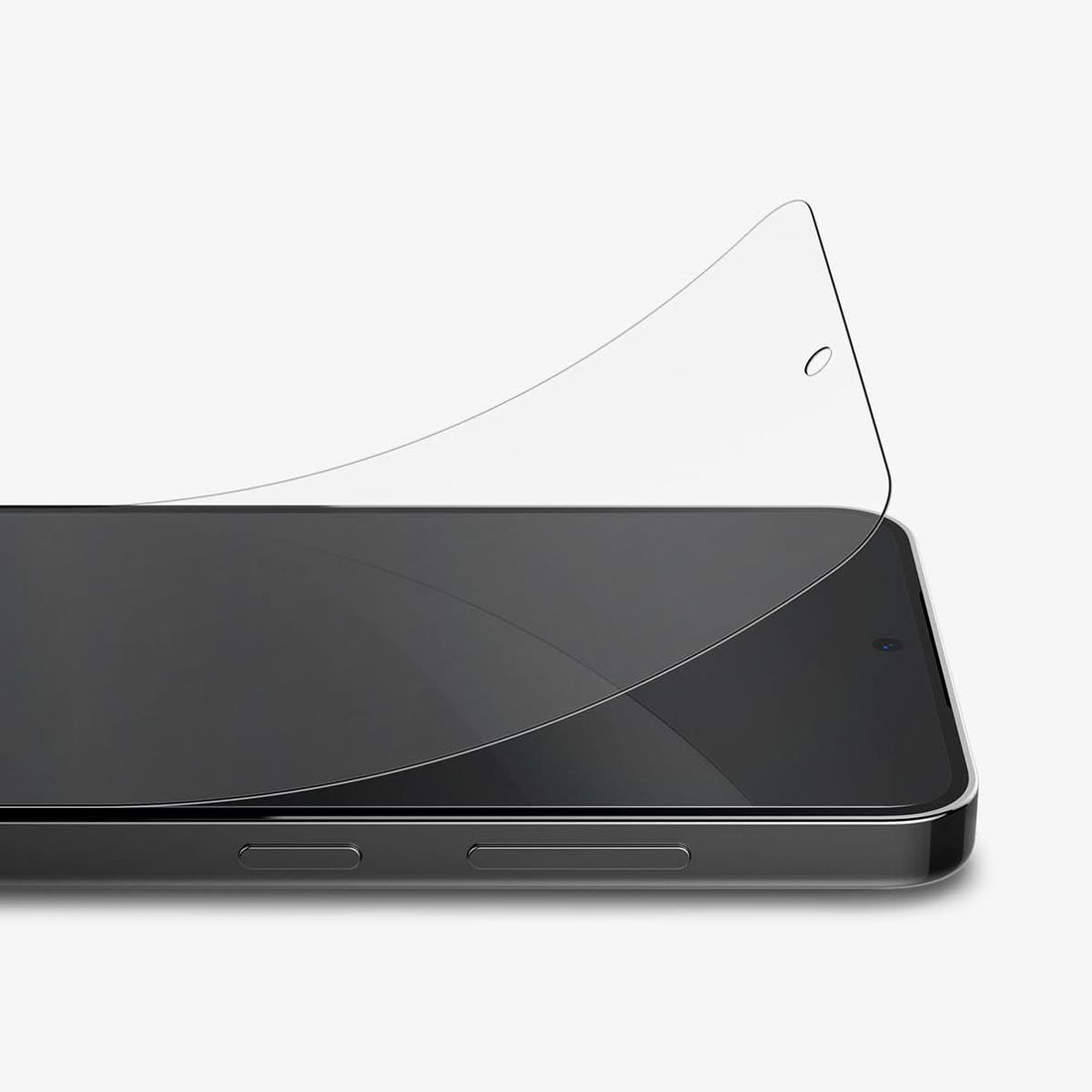 AFL07429 - Galaxy S24 Plus Neo Flex Solid in Transparency showing the front with a protective film partially peeled off, on the left is the packaging and on the right is another protective film